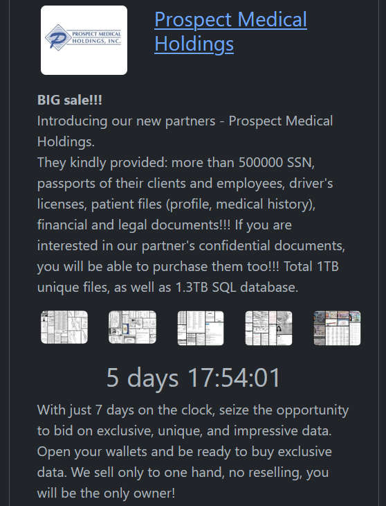 Rhysida ransomware group claims the hack of Prospect Medical – Source: securityaffairs.com