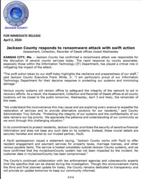 Jackson County, Missouri, discloses a ransomware attack – Source: securityaffairs.com